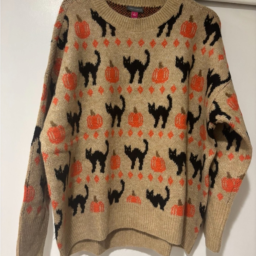 Vince Camuto Festive Cat and Pumpkin Sweater - Tan and Orange